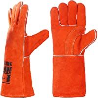 QeeLink Guantes de Cuero para Soldadura – Resistente al Calor e Ignífugo para Soldadores-Chimenea-Barbacoa-1 Par